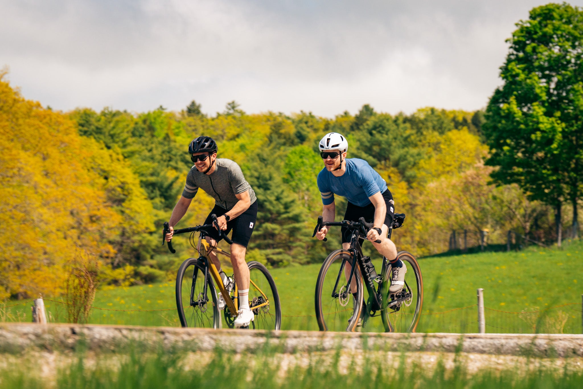 Two cyclists riding on a path with trees and grass in the background