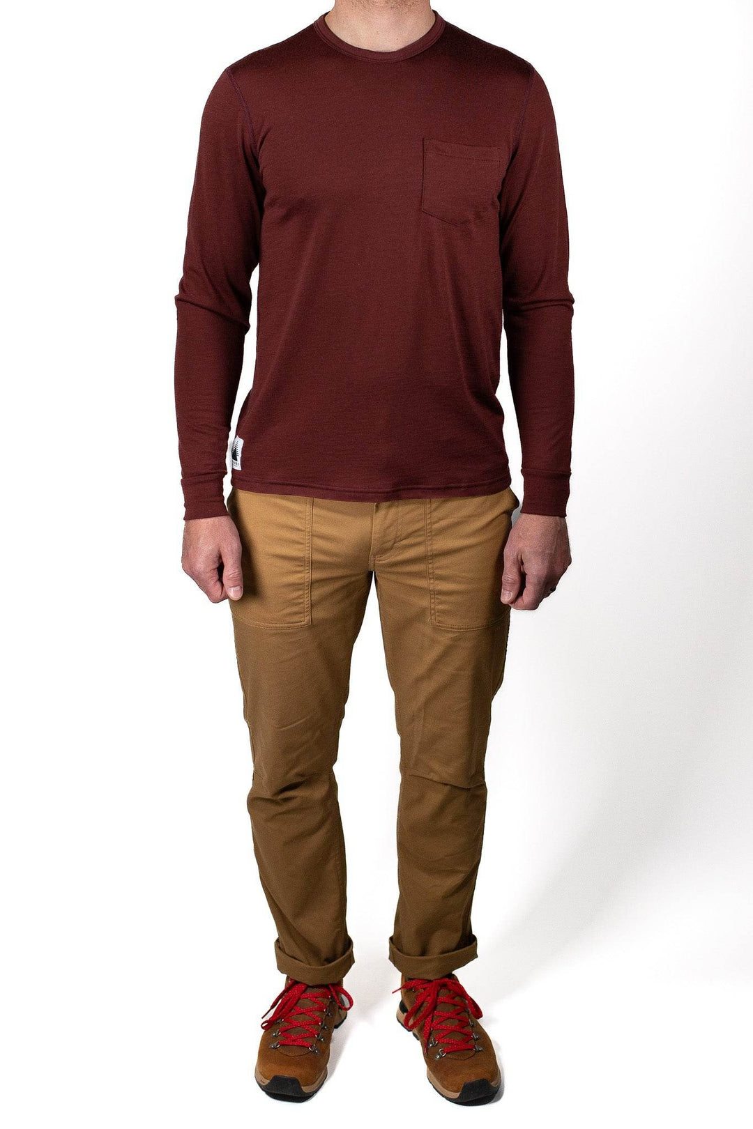 Every-Season Long Sleeve Merino Wool Pocket Tee - Brick Red - Pinebury