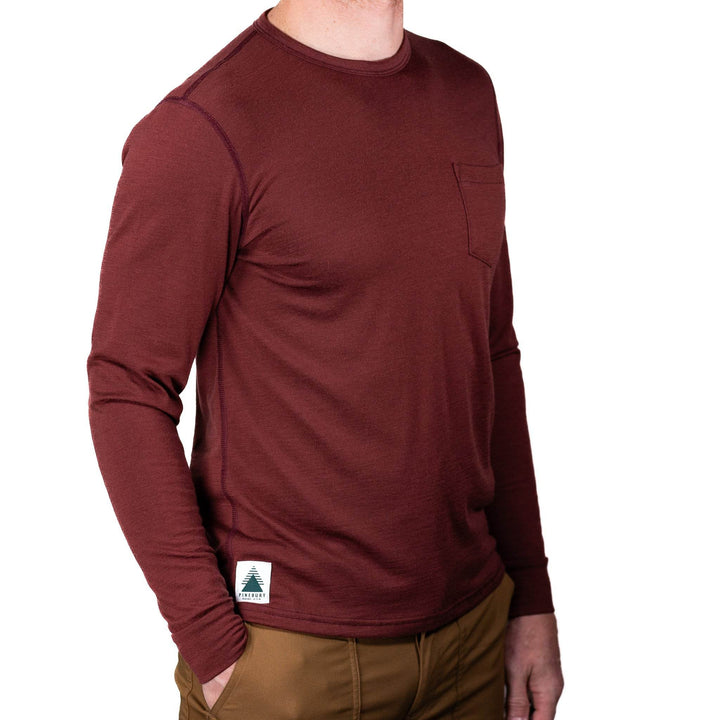 Every-Season Long Sleeve Merino Wool Pocket Tee - Brick Red - Pinebury
