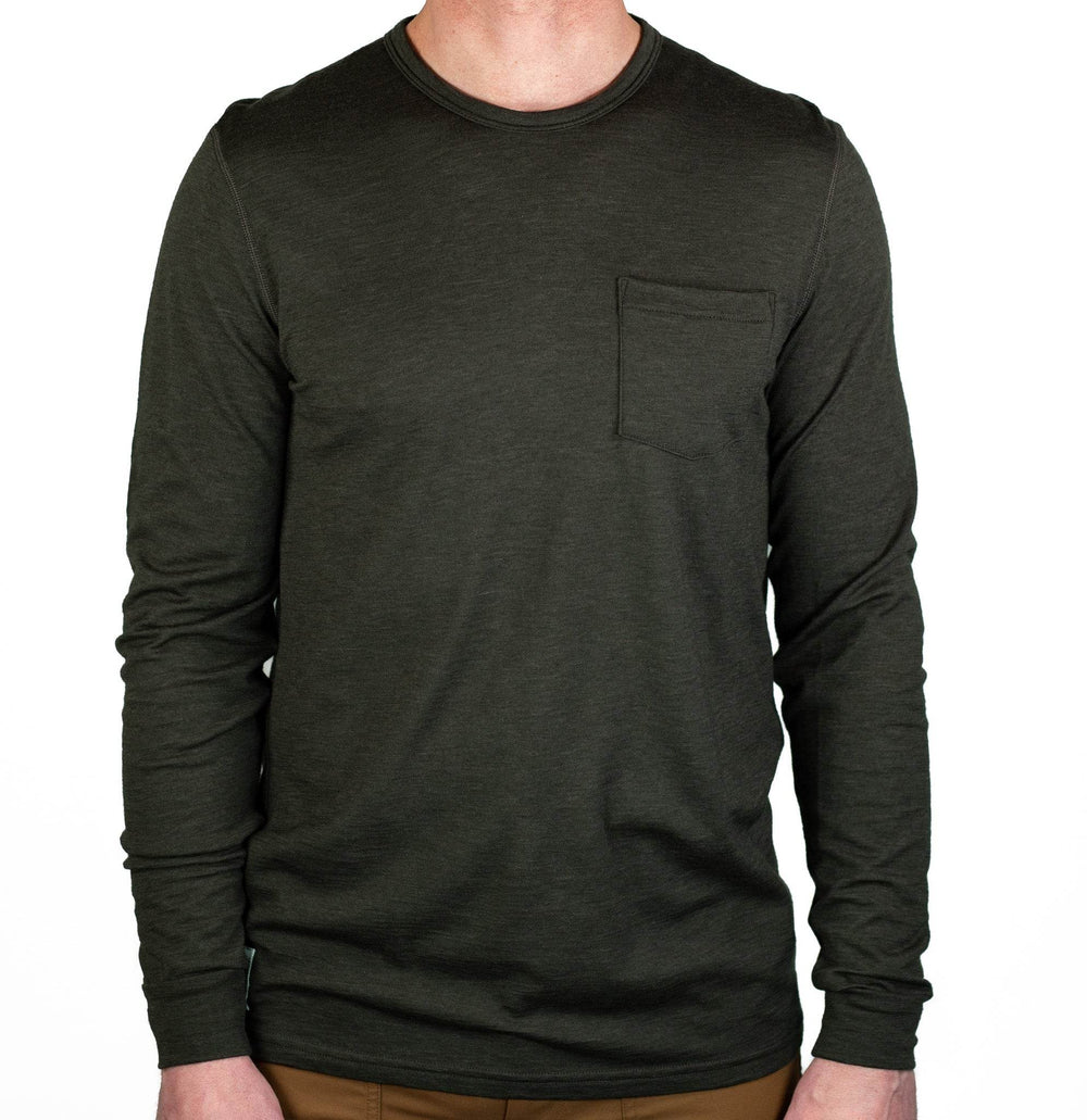 Every-Season Long Sleeve Merino Wool Pocket Tee - Peat - Pinebury