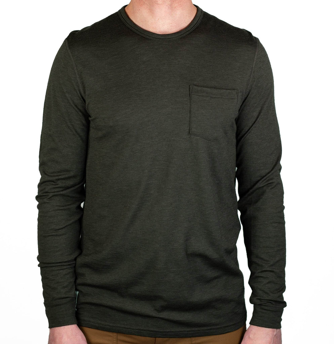 Every-Season Long Sleeve Merino Wool Pocket Tee - Peat - Pinebury