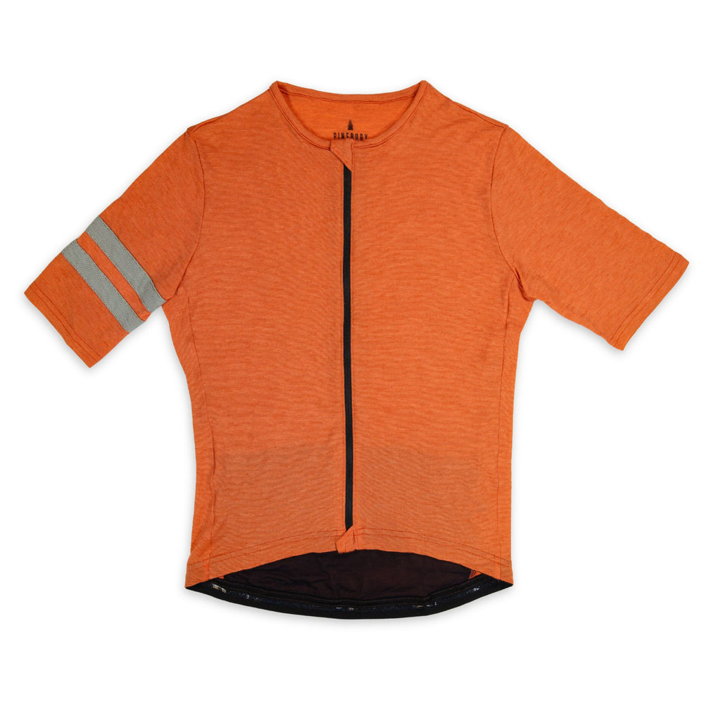 An orange short-sleeve cycling jersey with a black front zipper, a black hem, and two reflective gray stripes on the right sleeve, shown flat on a white background.