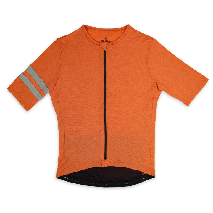 An orange short-sleeve cycling jersey with a black front zipper, a black hem, and two reflective gray stripes on the right sleeve, shown flat on a white background.