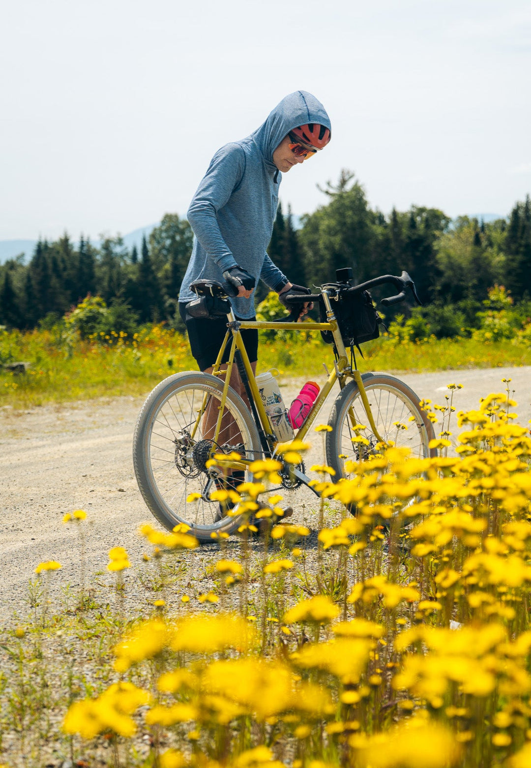 Person on a bicycle in a field of yellow flowers with trees in the background
