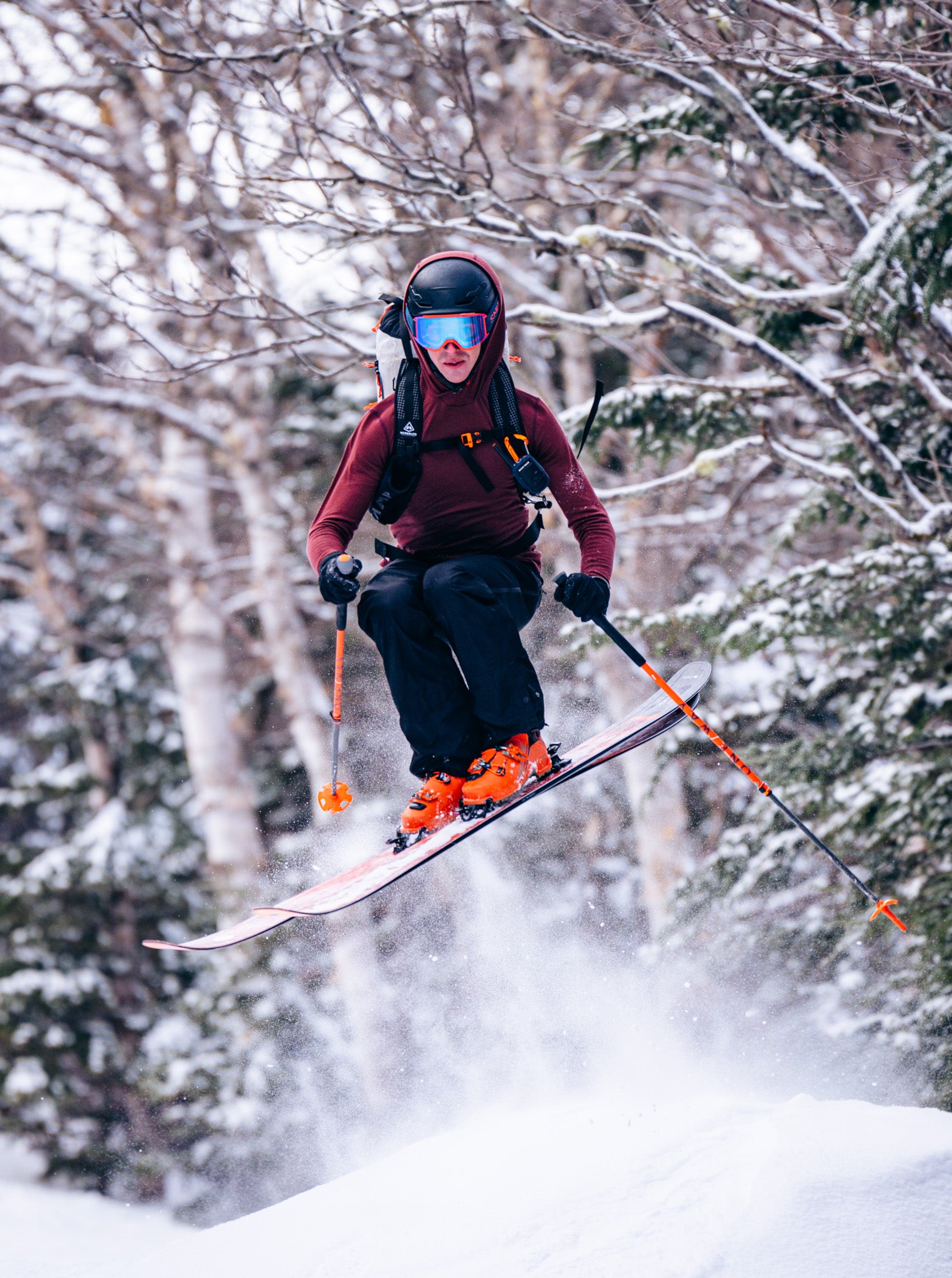 Skier in mid-air with snow-covered trees in the background