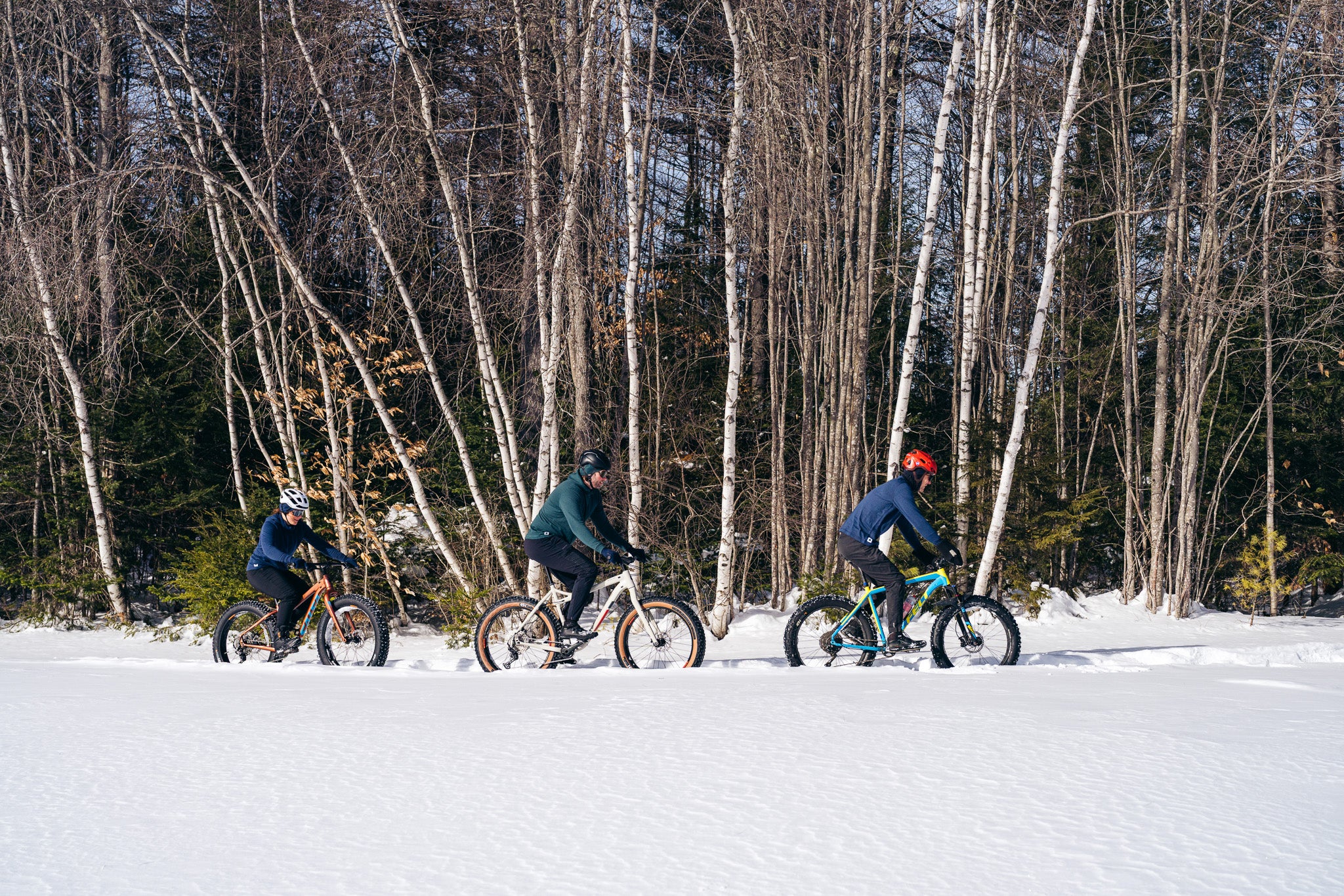 Three people riding fatbikes on a snow-covered trail through a forest with bare trees.