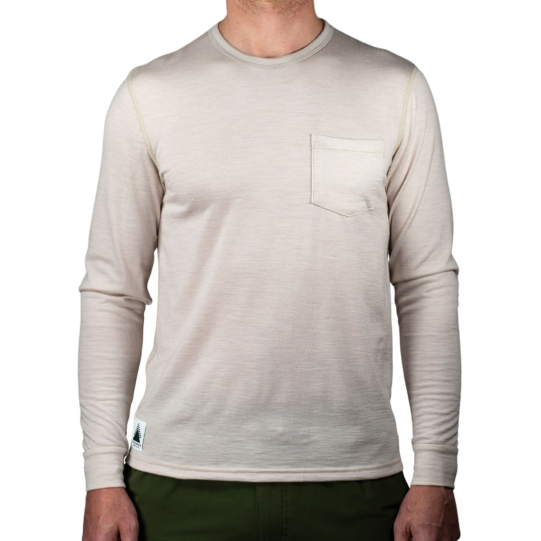 Pinebury Merino Wool Greenwood Long Sleeve Tee with front pocket in Moonbeam color, front few on male model