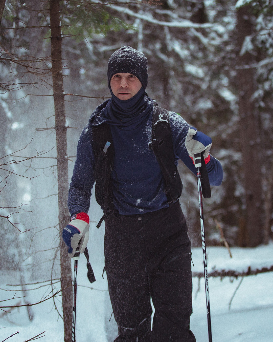 Person cross-country skiing in a snowy forest