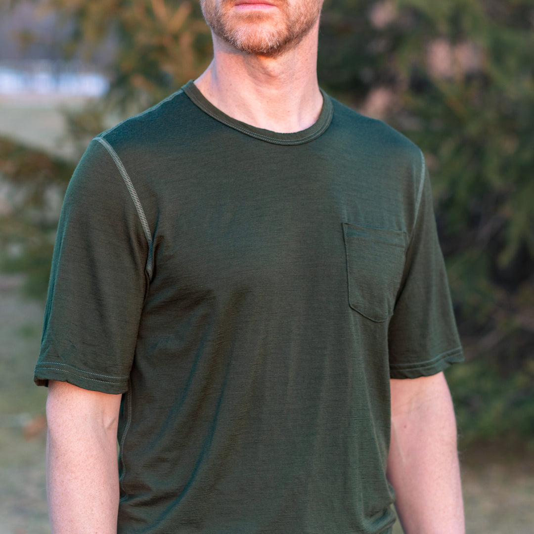 Pure Merino Wool Short Sleeve Pocket Tee - Loden