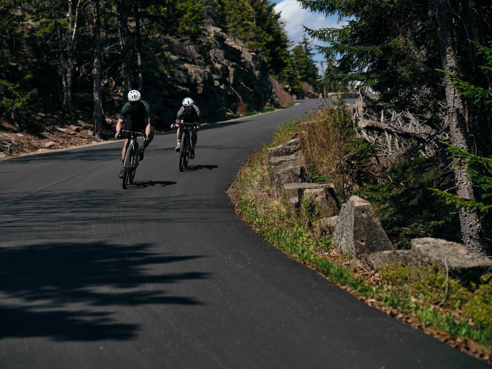 Two cyclists riding down a road towards the camera in Acadia National Park in Pinebury Rangeley Short Sleeve Merino Wool Cycling Jerseys.