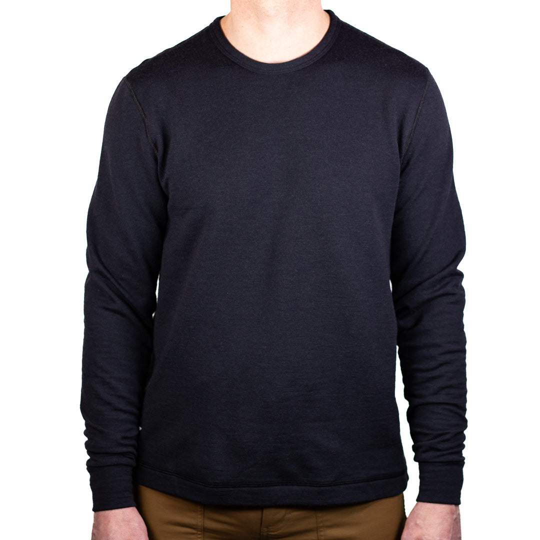 Winter Wool Long Sleeve Merino Wool Crewneck Pullover - Black