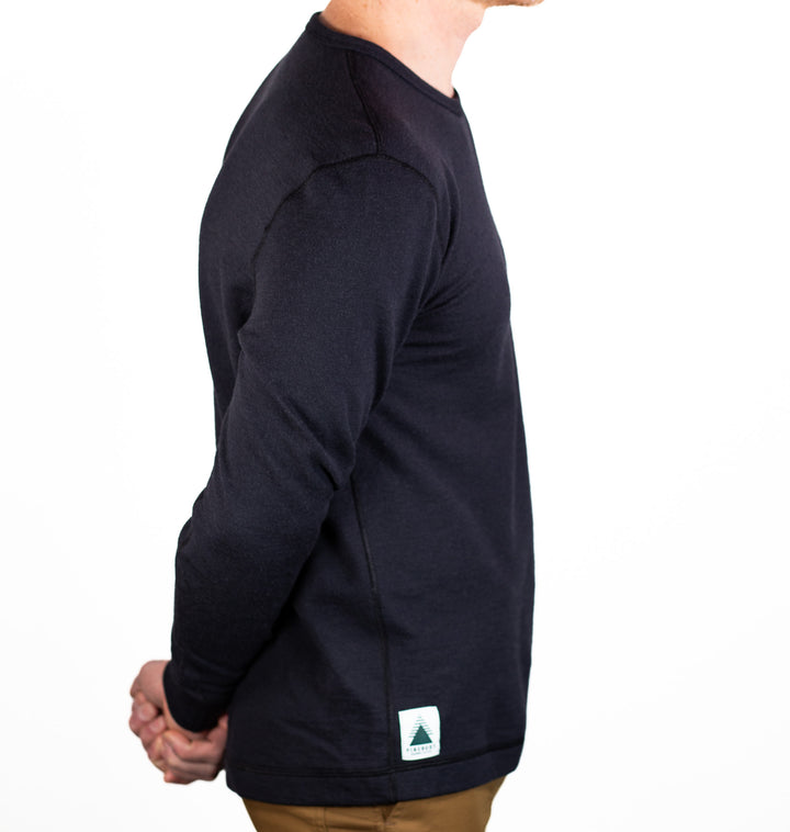 Winter Wool Long Sleeve Merino Wool Crewneck Pullover - Black