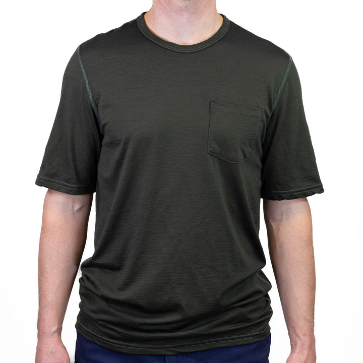 Pure Merino Wool Short Sleeve Pocket Tee - Loden