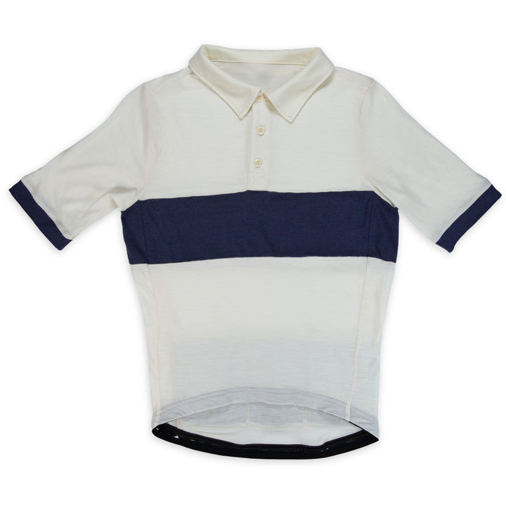 Natural cream merino wool cycling jersey with indigo contrast chest band and cuffs, three-button corozo placket and fold-down collar