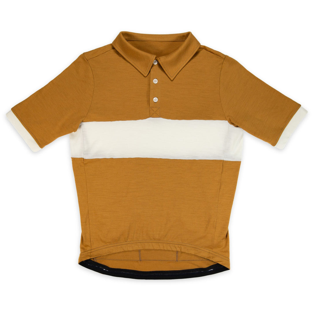 Golden amber merino wool cycling jersey with natural contrast chest band and cuffs, three-button corozo placket and fold-down collar