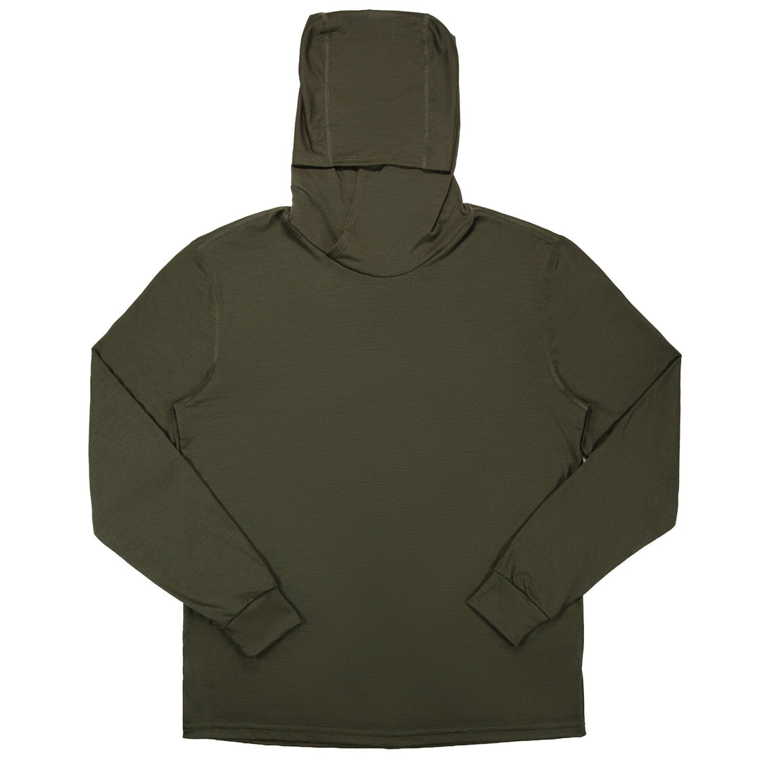An olive green hooded long-sleeve shirt shown from the back against a plain white background.