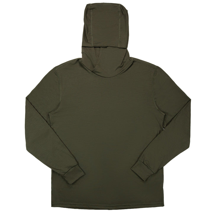 An olive green hooded long-sleeve shirt shown from the back against a plain white background.