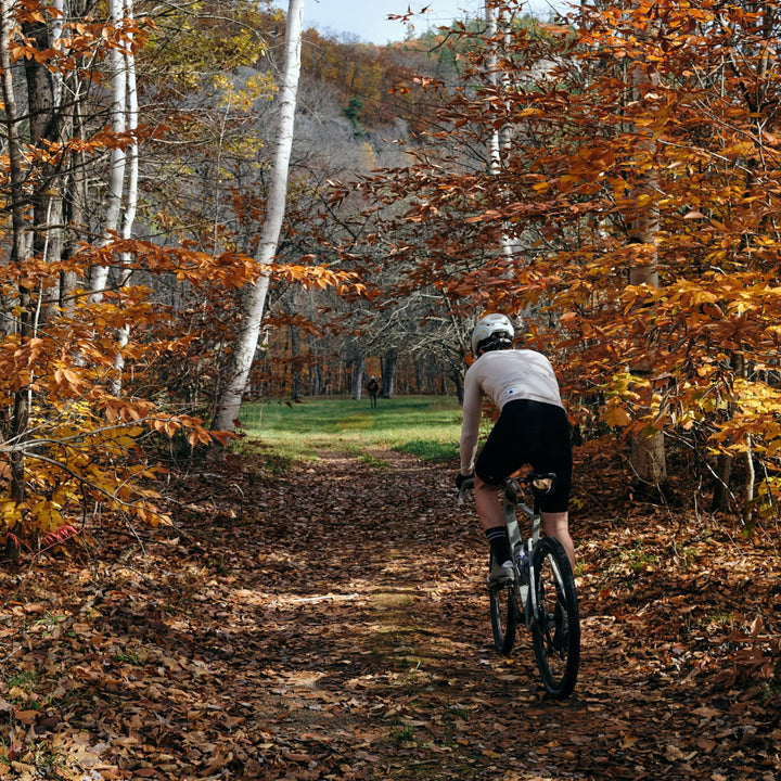 Pinebury Grafton Long Sleeve Merino Wool Cycling Jersey in Moonbeam, man cycling through Fall trees in Maine in off-white cycling jersey