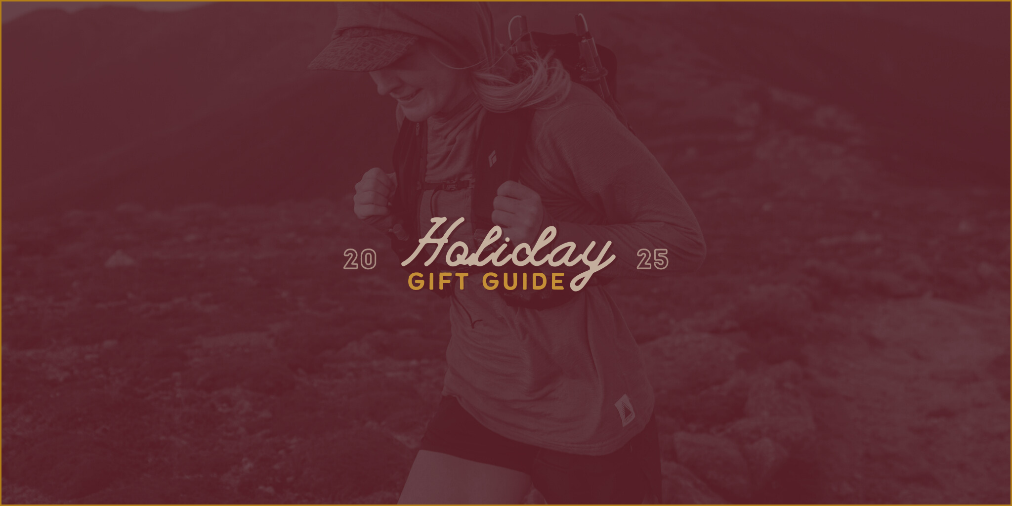 Person hiking with 'Holiday Gift Guide 2025' text overlay on a red background